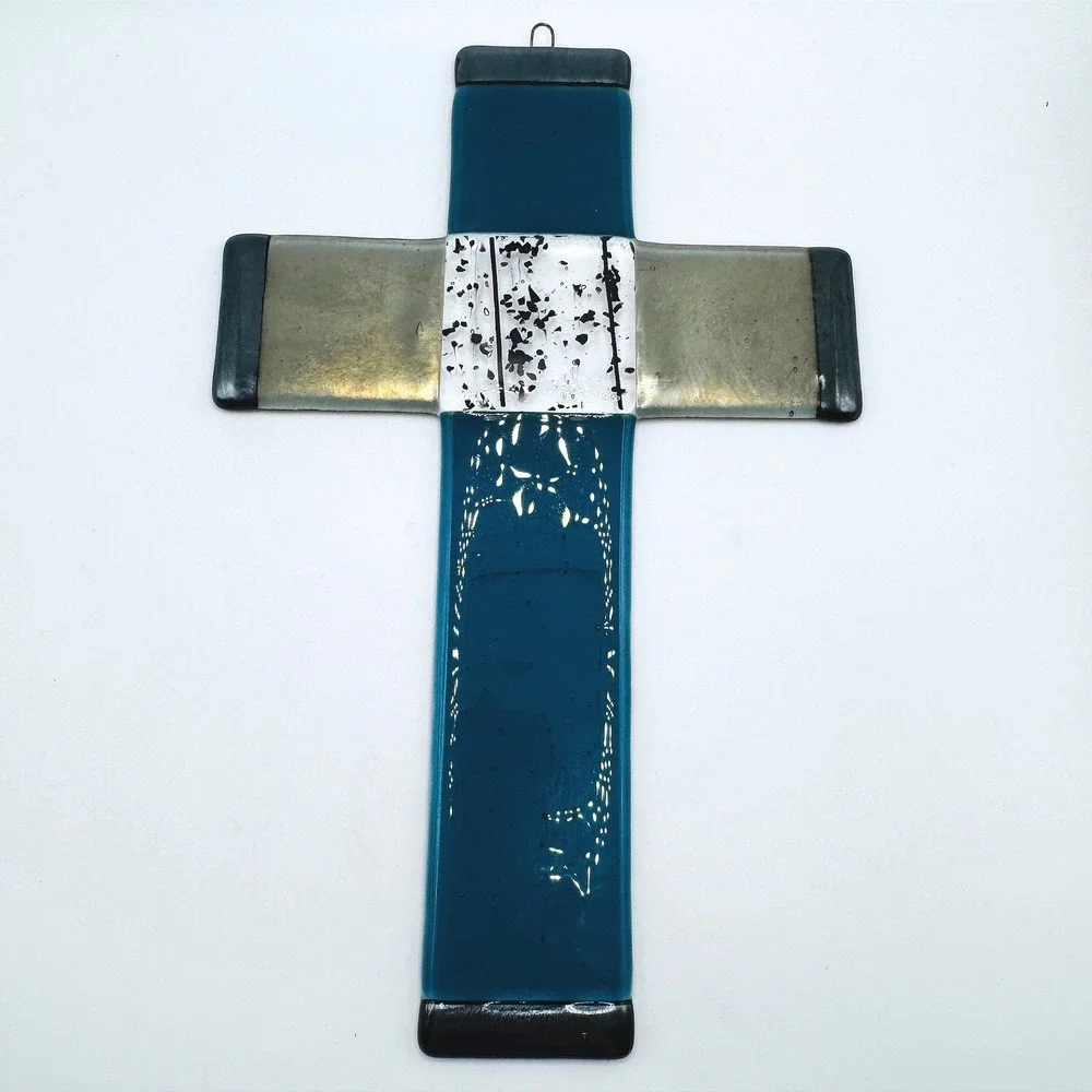 Handmade Fused Glass Wall Cross Faith Blue Art Glass Religious Decor